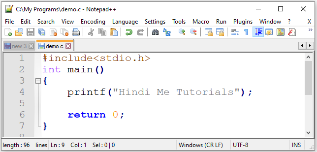 first c program in notepad