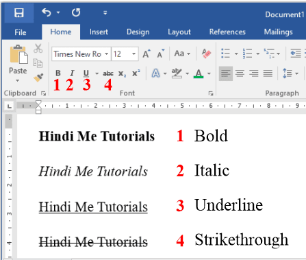 Bold, Italic, Underline, Strikethrough in MS Word in Hindi