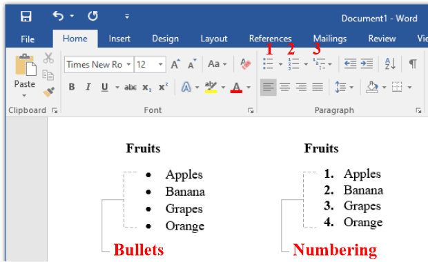 Bullets and Numbering in MS Word in Hindi