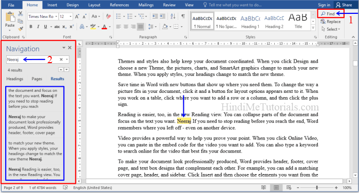 Find in MS Word in Hindi