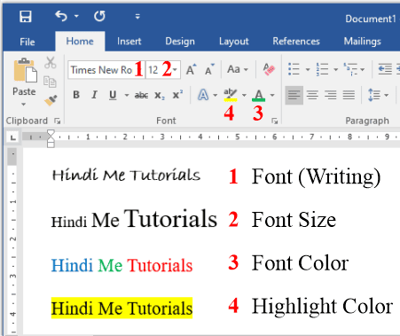 Font, Font Size, Font Color, Text Highlight Color in MS Word in Hindi