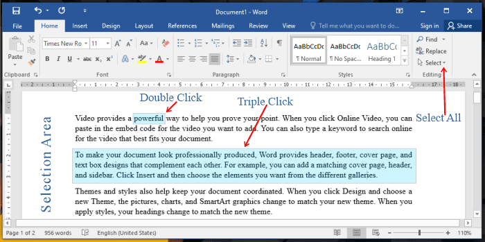 How to select text in ms word