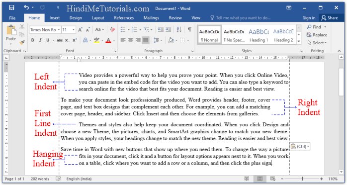 Indent in MS Word in Hindi