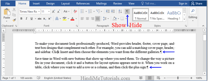 Show Hide option in MS Word in Hindi