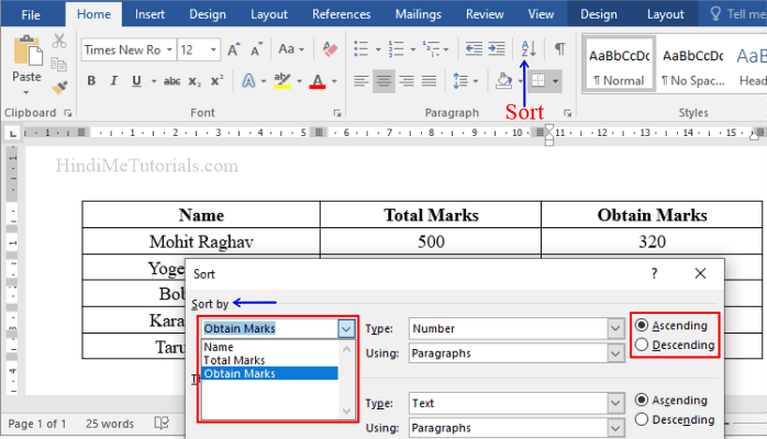 Sort Table Data in MS Word in Hindi