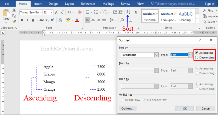 Sort in MS Word in Hindi