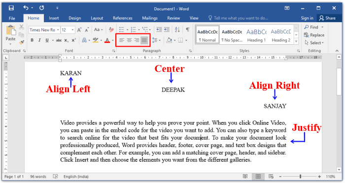 Text Alignment in MS Word in Hindi