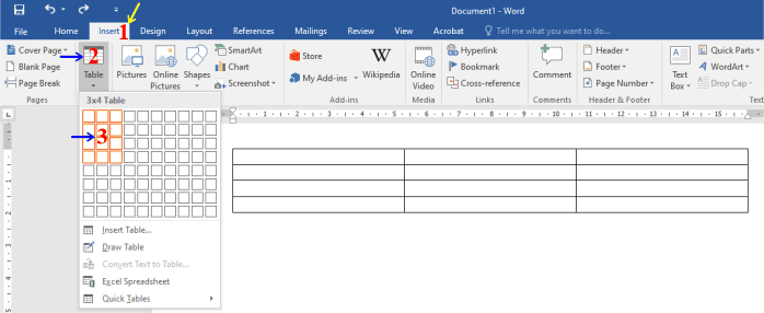 insert table in ms word method 1